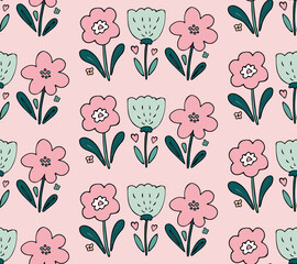 Wall Mural - cute girlish seamless pattern vector background with hand drawn floral elements - flowers and leaves