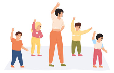 Teacher and kids exercising. Preschool teacher doing gymnastics together with pupils isolated vector illustration. Kindergarten physical activity