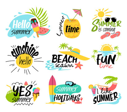 set of summer labels, logos, hand drawn tags and elements for summer holiday, travel, beach holiday,