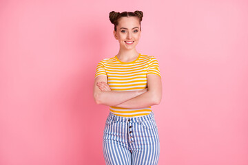 Poster - Photo of charming young lady folded arms beaming smile look camera isolated on pink color background