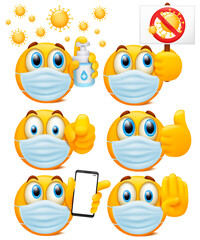 Wall Mural - Set of yellow round emoji characters with medical masks. Cartoon 3d style collection.