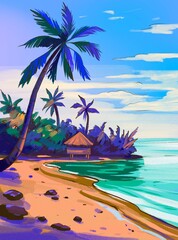 Tropical beach. Seascape, ocean landscape. Hand drawn illustration. Pencil drawing background