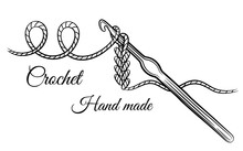 Crochet Knitting Sign. Crocheting Hook With Yarn Thread. Steel Accessory For Hand Made Knit. Hobby Craft Of Making Textile Clothing. Needlework. Work Of Knitter. Knitwear Shop Symbol. Outline Vector