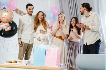 Poster - Couple talking and laughing with her friend during gender reveal party