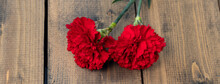 Banner With Two Red Carnations On A Wooden Background. Two Carnations As A Symbol Of Grief And Death.