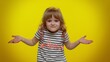© Andrii Iemelianenko - No idea, I dont know answer. Puzzled clueless uncertain blonde kid child raising hands in helpless gesture, embarrassed confused by difficult question. Teenager children girl on yellow wall background