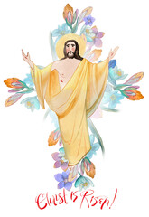 .Christ is Risen! Watercolor hand drawn Jesus Christ resurrected on the background of the floral cross. For Christian publications, greetings, cards, prints. Easter illustration, Christian art