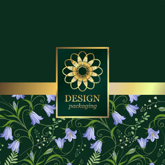 Wall Mural - Floral label design. Lilac flowers and grass on a green background. Vector illustration.