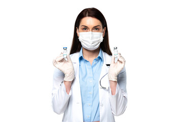 Wall Mural - Doctor in medical mask holding jars with vaccine isolated on white