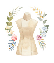 Tailor Mannequin Decorated With Flowers - Watercolor Illustration.