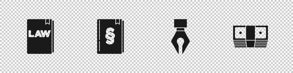 Sticker - Set Law book, , Fountain pen nib and Bribe money cash icon. Vector