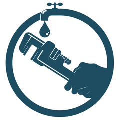 Wall Mural - Water tap with water drop, wrench in hand plumbing repair symbol