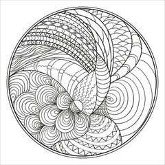 Wall Mural - Zendala. Zentangle. Hand drawn circle mandala with abstract patterns on isolation background. Design for spiritual relaxation for adults. Line art creation. Black and white illustration for coloring.