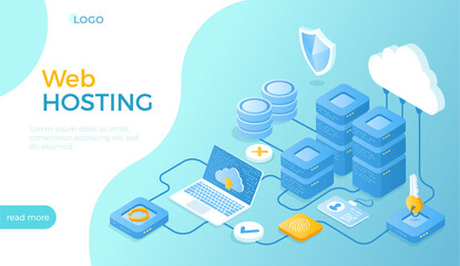 Wall Mural - web hosting, сloud computing storage, database, network connection. hosting servers, computer, cloud