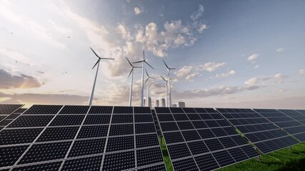 3d animation of solar panels on large wind turbines background. windmills. concept of clean energy, 