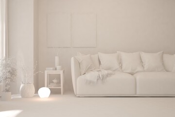 Mock up of minimalist living room in white color with sofa. Scandinavian interior design. 3D illustration