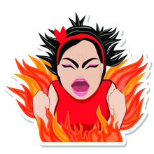 Grr! Cartoon Brunette Woman Knitted Her Brows, Closed Her Eyes, Opened Her Mouth Wide, Screams With Anger And Rage, Shaggy Angry Fury Girl On Fire Of Annoyance.