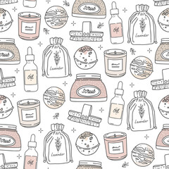 Vector seamless pattern in sketch style. Skincare cosmetics, spa rituals. Scrub, bath bomb, aroma candle, essential oil, massage brush, and lavender bag. Elegant outline drawing. Print design, fashion