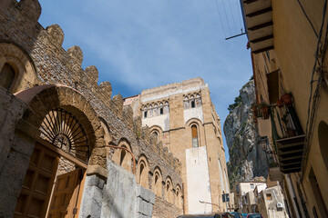 Cefalù, Italy - May 8, 2019: Historical buildings of Cefalù, a coastal city in northern Sicily, Italy, known for its Norman cathedral