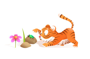 Wall Mural - Cute little tiger palying with bug in jungle, funny illustration for children. Kids tiger cub vector cartoon in watercolor style.