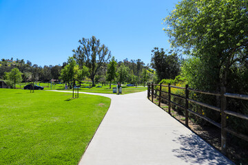 Wall Mural - a smooth concrete footpath through the park surrounded by lush green grass and trees with a brown wooden fence and yellow flowers at Laguna Niguel Regional Park in Laguna Niguel California