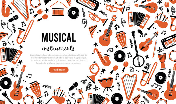 hand drawn banners template with musical instrument, guitar, saxophone. doodle sketch style. vector 