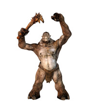 3D Rendering Of A Huge Angry Fantasy Troll Waving Arms Above His Head Isolated On White.