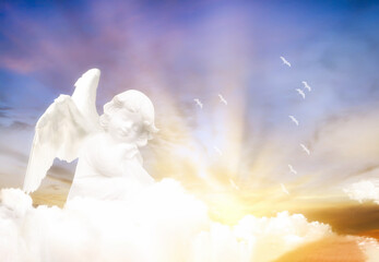Canvas Afdrukken
 - Angels in the clouds. Cloud background with bright colors and sun rays.
