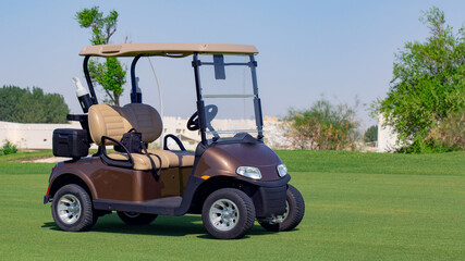 Wall Mural - A row of electric golf carts on a golf course.