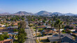 Daytime aerial view of housing in Fontana, California, USA.
