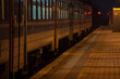 Selective blur on the doors of a suburban train of a commuter train station of Belgrade, Serbia, on an empty platform, at night.