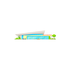 Poster - Supermarket, store mall or shop front icon, vector grocery building and big hypermarket. Supermarket building entrance facade with car parking lot, flat cartoon outlet or shopping mall trade center