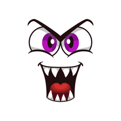 Wall Mural - Cartoon face isolated vector icon, facial gloat emoji of funny creature, emotion toothy smile with big purple round eyes and mouth with red tongue isolated on white background