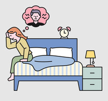 A woman is falling asleep thinking about having an quarrel with her boyfriend. flat design style minimal vector illustration.