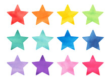 Water Color Illustration Collection Of Colorful Abstract Stars Of Various Colours. Handdrawn Watercolour , Cut Out Clipart Elements For Creative Design, Template, Scrapbooking, Baby Shower Invitation.