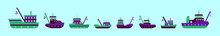 Set Of Boat Cartoon Icon Design Template With Various Models. Vector Illustration Isolated On Blue Background