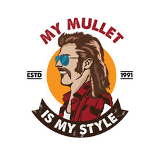  A Man With Mullet Hair Style And Red Neck Shirt, Good For Club Logo Andtshirt Design