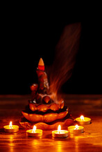 Ceramic Backflow Incense Burner In The Form Of Lotus Flower With Little Candles. Incense Cones Holder. Dark Mystic Concept.