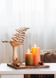 © Maya Kruchancova - burning candles with autumn decor on white table at home