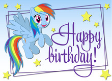 Happy Birthday From Rainbow Dash. My Little Pony Cartoon Character. Birthday Greeting Card With Blue Pony With Colorful Hair. Blue Background And Stars. 