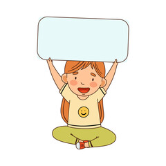 Little Redhead Girl Sitting with Raised Hands and Holding Empty Rectangular Plaque Vector Illustration