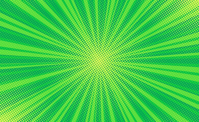 Pop art background. Comic halftone pattern. Green cartoon banner with dots and rays. Vintage duotone texture. Superhero starburst design. Gradient wow banner. Vector illustration. Half tone backdrop.