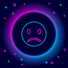 Poster - Glowing neon line Sad smile icon isolated on black background. Emoticon face. Colorful outline concept. Vector