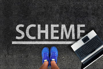 Scheme Programming Language. Legs in sneakers standing next to laptop and word Scheme

