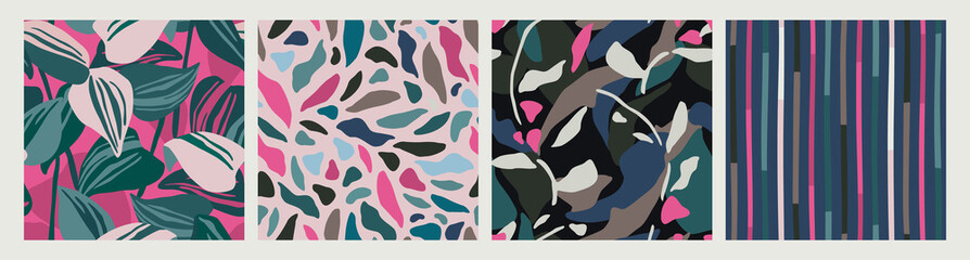 Abstract collection of seamless patterns with leaves and geometric shapes. Modern design