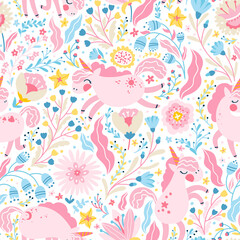 Unicorn in a flower fairy forest seamless pattern. Vector cartoon cute characters in simple childish hand-drawn scandinavian style. Colorful palette ideal for printing baby textiles, clothing,