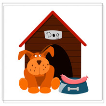 Cartoon Image Of A Dog. A Brown Dog Sits Near The Booth, Next To A Bowl Of Sausage. Vector Isolated On A White Background