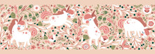 Unicorn In A Flower Fairy Forest Seamless Border Pattern. Vector Cartoon Cute Characters In Simple Childish Hand Drawn Scandinavian Style. Earthen Limited Palette Ideal For Printing Baby Textiles