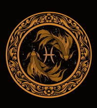 Illustration Vector Pisces Zodiac Symbol With Circle Ornament