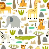 Fototapeta Dziecięca - Seamless pattern with african animals, decor elements.  colorful vector for kids. hand drawing, flat style. baby design for fabric, print, textile, wrapper